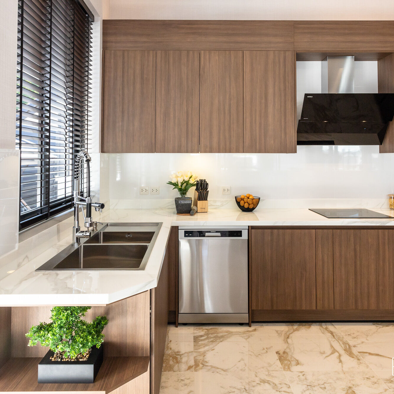 Lifestyle series kitchen. Wood pattern melamine finish with modern look.